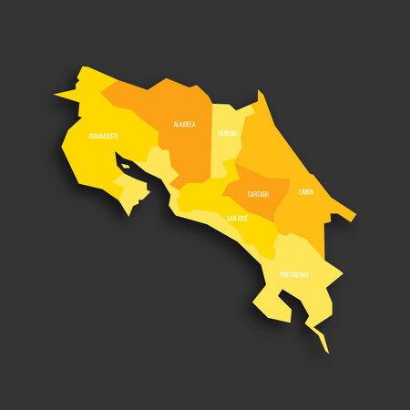 Costa Rica political map of administrative divisions - provinces. Yellow shade flat vector map with name labels and dropped shadow isolated on dark grey background.のイラスト素材