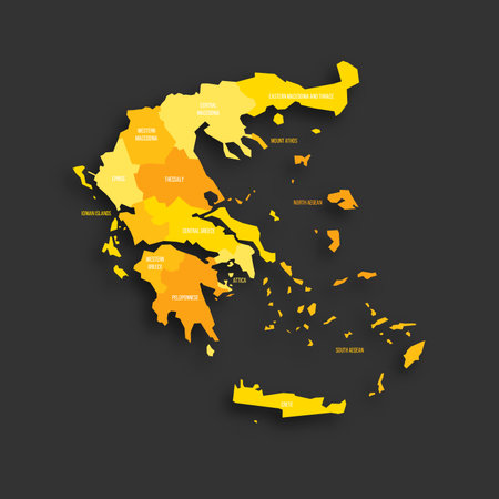 Greece political map of administrative divisions - decentralized administrations and autonomous monastic state of Mount Athos. Yellow shade flat vector map with name labels and dropped shadow isolated on dark grey background.のイラスト素材