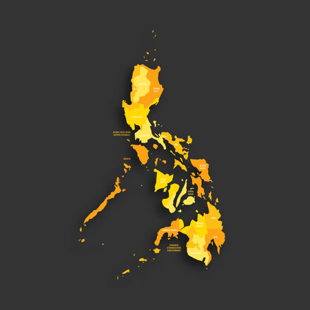 Philippines political map of administrative divisions - regions. Yellow shade flat vector map with name labels and dropped shadow isolated on dark grey background.のイラスト素材