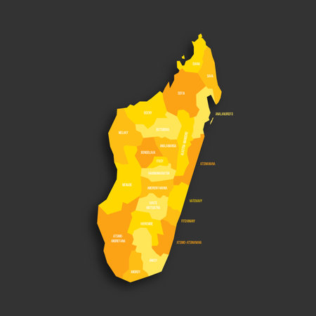 Madagascar political map of administrative divisions - regions. Yellow shade flat vector map with name labels and dropped shadow isolated on dark grey background.のイラスト素材