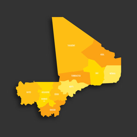 Mali political map of administrative divisions - regions and capital district of Bamako. Yellow shade flat vector map with name labels and dropped shadow isolated on dark grey background.のイラスト素材