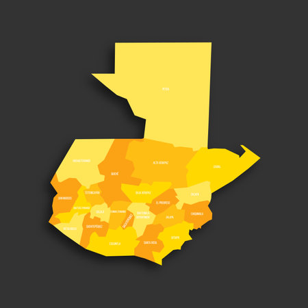Guatemala political map of administrative divisions - departments. Yellow shade flat vector map with name labels and dropped shadow isolated on dark grey background.のイラスト素材
