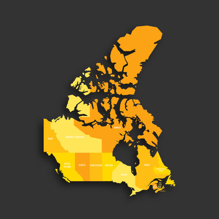 Canada political map of administrative divisions - provinces and territories. Yellow shade flat vector map with name labels and dropped shadow isolated on dark grey background.のイラスト素材