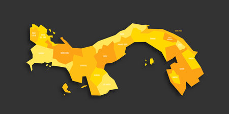 Panama political map of administrative divisions - provinces. Yellow shade flat vector map with name labels and dropped shadow isolated on dark grey background.のイラスト素材