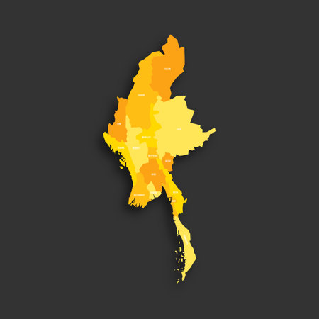 Myanmar political map of administrative divisions - states, regions and Naypyitaw Union Territory. Yellow shade flat vector map with name labels and dropped shadow isolated on dark grey background.のイラスト素材