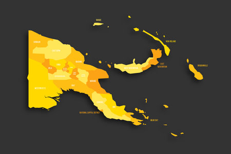 Papua New Guinea political map of administrative divisions - provinces, autonomous region and National Capital District. Yellow shade flat vector map with name labels and dropped shadow isolated on dark grey background.のイラスト素材