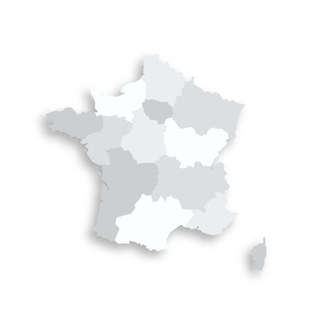 France political map of administrative divisions - regions. Grey blank flat vector map with dropped shadow.のイラスト素材