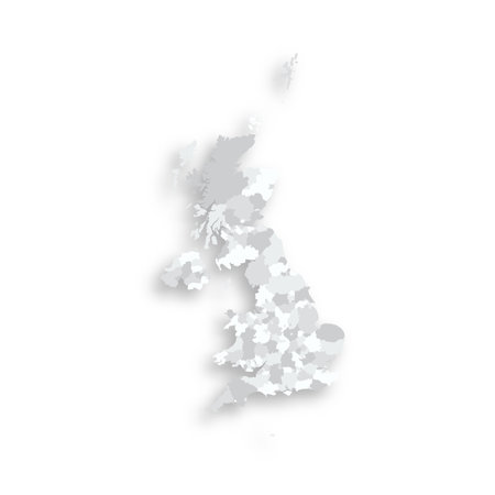United Kingdom of Great Britain and Northern Ireland political map of administrative divisions - counties, unitary authorities and Greater London in England, districts of Northern Ireland, council areas of Scotland and counties, county boroughs and cities of Wales. Grey blank flat vector map with dropped shadow.のイラスト素材