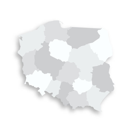 Poland political map of administrative divisions - voivodeships. Grey blank flat vector map with dropped shadow.のイラスト素材