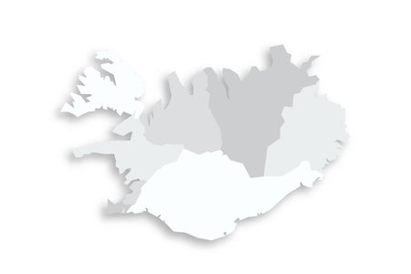 Iceland political map of administrative divisions - regions. Grey blank flat vector map with dropped shadow.のイラスト素材