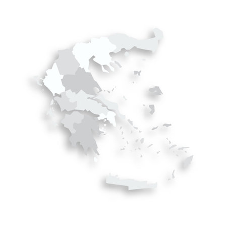 Greece political map of administrative divisions - decentralized administrations and autonomous monastic state of Mount Athos. Grey blank flat vector map with dropped shadow.のイラスト素材