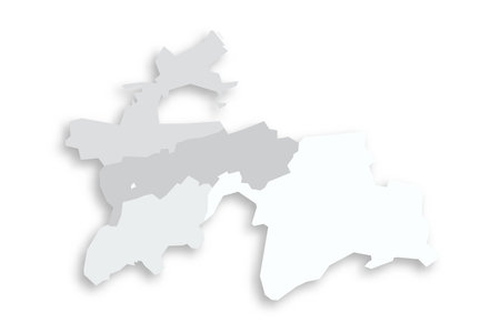 Tajikistan political map of administrative divisions - regions, autonomous region of Gorno-Badakhshan, districts of Republican Subordination and capital city of Dushanbe. Grey blank flat vector map with dropped shadow.のイラスト素材