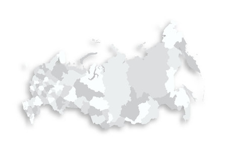 Russia political map of administrative divisions - oblasts, republics, autonomous okrugs, krais, autonomous oblast and 2 federal cities of Moscow and Saint Petersburg. Grey blank flat vector map with dropped shadow.のイラスト素材