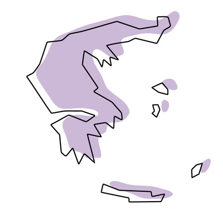 Greece country simplified map. Violet silhouette with thin black smooth contour outline isolated on white background. Simple vector iconのイラスト素材