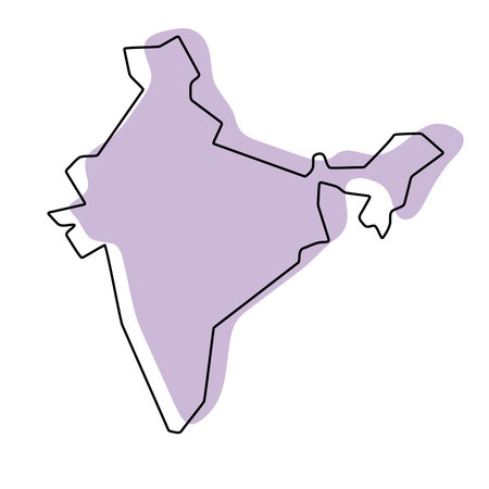 India country simplified map. Violet silhouette with thin black smooth contour outline isolated on white background. Simple vector iconのイラスト素材