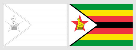 Zimbabwe flag - coloring page. Set of white wireframe thin black outline flag and original colored flag.のイラスト素材