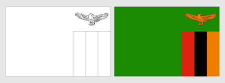 Zambia flag - coloring page. Set of white wireframe thin black outline flag and original colored flag.のイラスト素材
