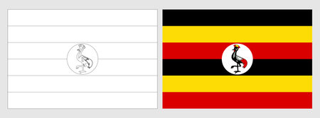 Uganda flag - coloring page. Set of white wireframe thin black outline flag and original colored flag.のイラスト素材