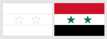 Syria flag - coloring page. Set of white wireframe thin black outline flag and original colored flag.のイラスト素材