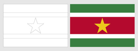 Suriname flag - coloring page. Set of white wireframe thin black outline flag and original colored flag.のイラスト素材