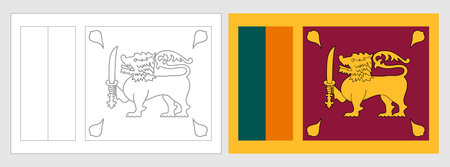 Sri Lanka flag - coloring page. Set of white wireframe thin black outline flag and original colored flag.のイラスト素材