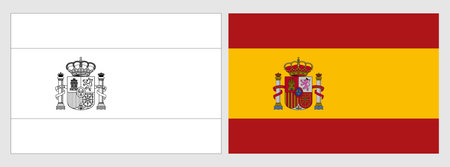 Spain flag - coloring page. Set of white wireframe thin black outline flag and original colored flag.のイラスト素材