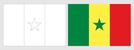 Senegal flag - coloring page. Set of white wireframe thin black outline flag and original colored flag.のイラスト素材