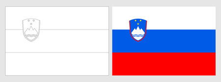 Slovenia flag - coloring page. Set of white wireframe thin black outline flag and original colored flag.のイラスト素材