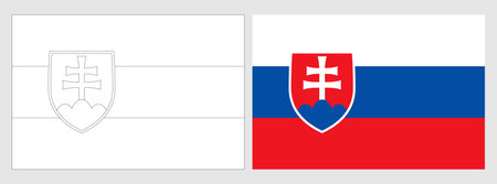 Slovakia flag - coloring page. Set of white wireframe thin black outline flag and original colored flag.のイラスト素材