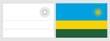 Rwanda flag - coloring page. Set of white wireframe thin black outline flag and original colored flag.のイラスト素材