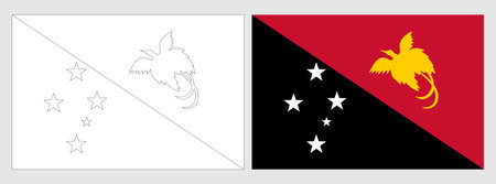 Papua New Guinea flag - coloring page. Set of white wireframe thin black outline flag and original colored flag.のイラスト素材
