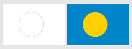 Palau flag - coloring page. Set of white wireframe thin black outline flag and original colored flag.のイラスト素材