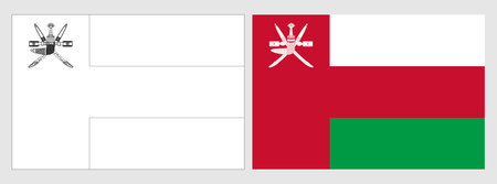 Oman flag - coloring page. Set of white wireframe thin black outline flag and original colored flag.のイラスト素材