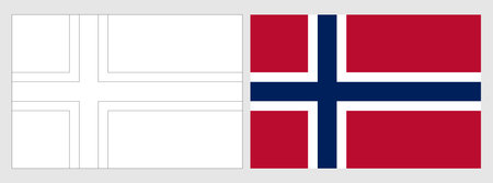 Norway flag - coloring page. Set of white wireframe thin black outline flag and original colored flag.のイラスト素材