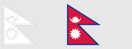 Nepal flag - coloring page. Set of white wireframe thin black outline flag and original colored flag.のイラスト素材