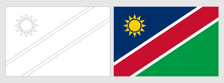 Namibia flag - coloring page. Set of white wireframe thin black outline flag and original colored flag.のイラスト素材