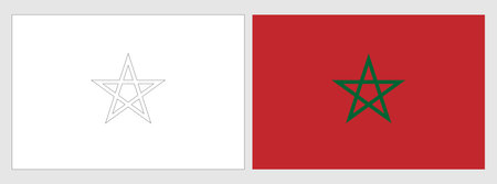 Morocco flag - coloring page. Set of white wireframe thin black outline flag and original colored flag.のイラスト素材