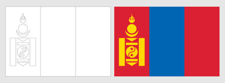 Mongolia flag - coloring page. Set of white wireframe thin black outline flag and original colored flag.のイラスト素材