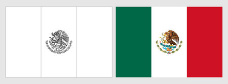 Mexico flag - coloring page. Set of white wireframe thin black outline flag and original colored flag.のイラスト素材