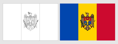 Moldova flag - coloring page. Set of white wireframe thin black outline flag and original colored flag.のイラスト素材