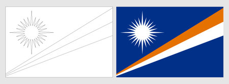 Marshall Islands flag - coloring page. Set of white wireframe thin black outline flag and original colored flag.のイラスト素材