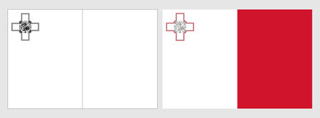 Malta flag - coloring page. Set of white wireframe thin black outline flag and original colored flag.のイラスト素材