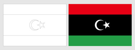 Libya flag - coloring page. Set of white wireframe thin black outline flag and original colored flag.のイラスト素材