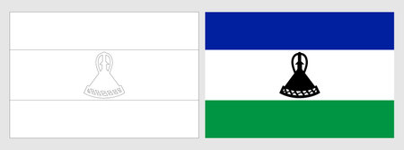 Lesotho flag - coloring page. Set of white wireframe thin black outline flag and original colored flag.のイラスト素材