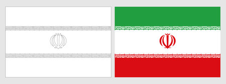 Iran flag - coloring page. Set of white wireframe thin black outline flag and original colored flag.のイラスト素材