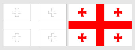 Georgia flag - coloring page. Set of white wireframe thin black outline flag and original colored flag.のイラスト素材