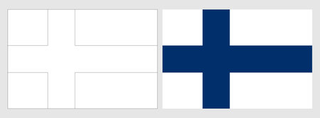 Finland flag - coloring page. Set of white wireframe thin black outline flag and original colored flag.のイラスト素材