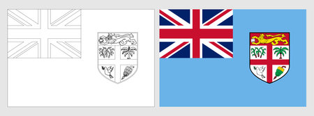 Fiji flag - coloring page. Set of white wireframe thin black outline flag and original colored flag.のイラスト素材