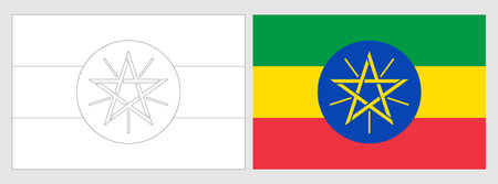 Ethiopia flag - coloring page. Set of white wireframe thin black outline flag and original colored flag.のイラスト素材