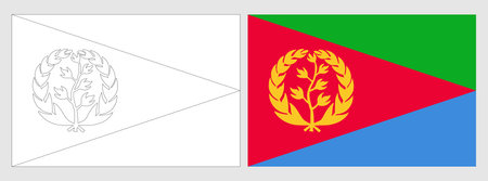 Eritrea flag - coloring page. Set of white wireframe thin black outline flag and original colored flag.のイラスト素材